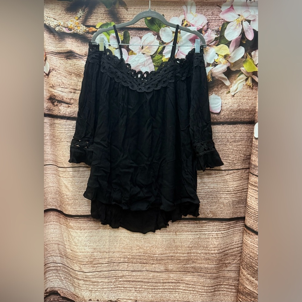 Aqua Black Off-Shoulder Lace Blouse